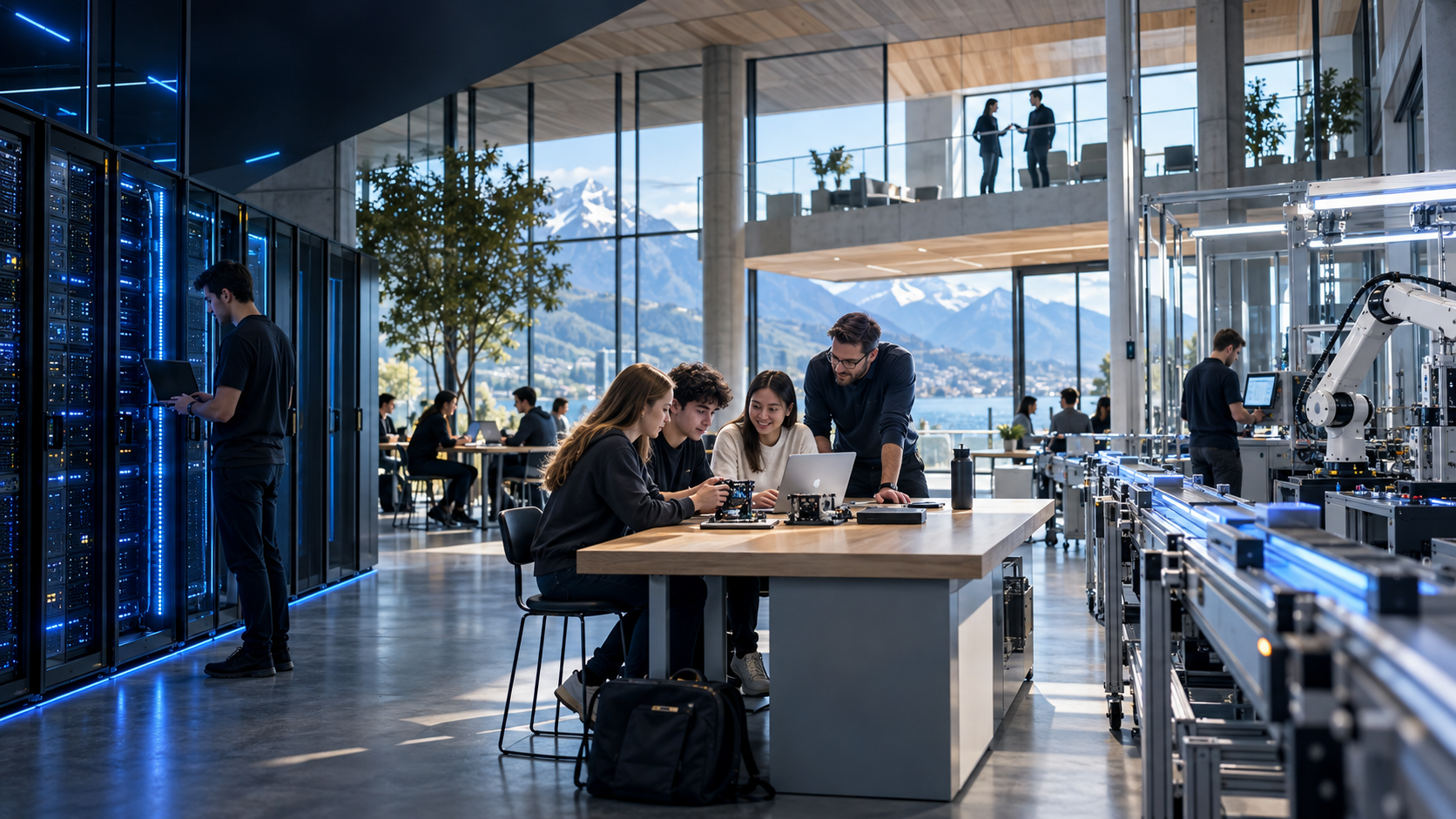 Moderne Arbeitswelt mit IT-Infrastruktur, Lernenden und Automationsanlage